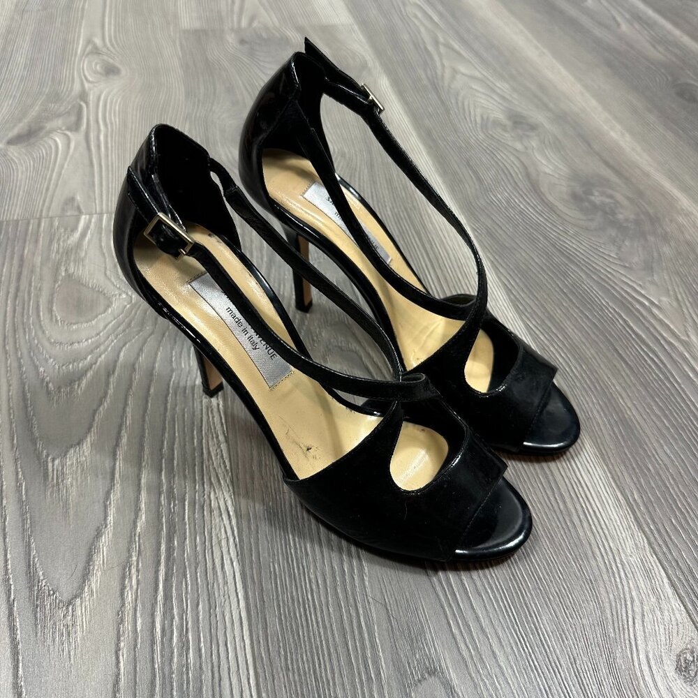 Fifth Avenue Black Patent Leather Heels 6.5‎ Open Toe Pumps